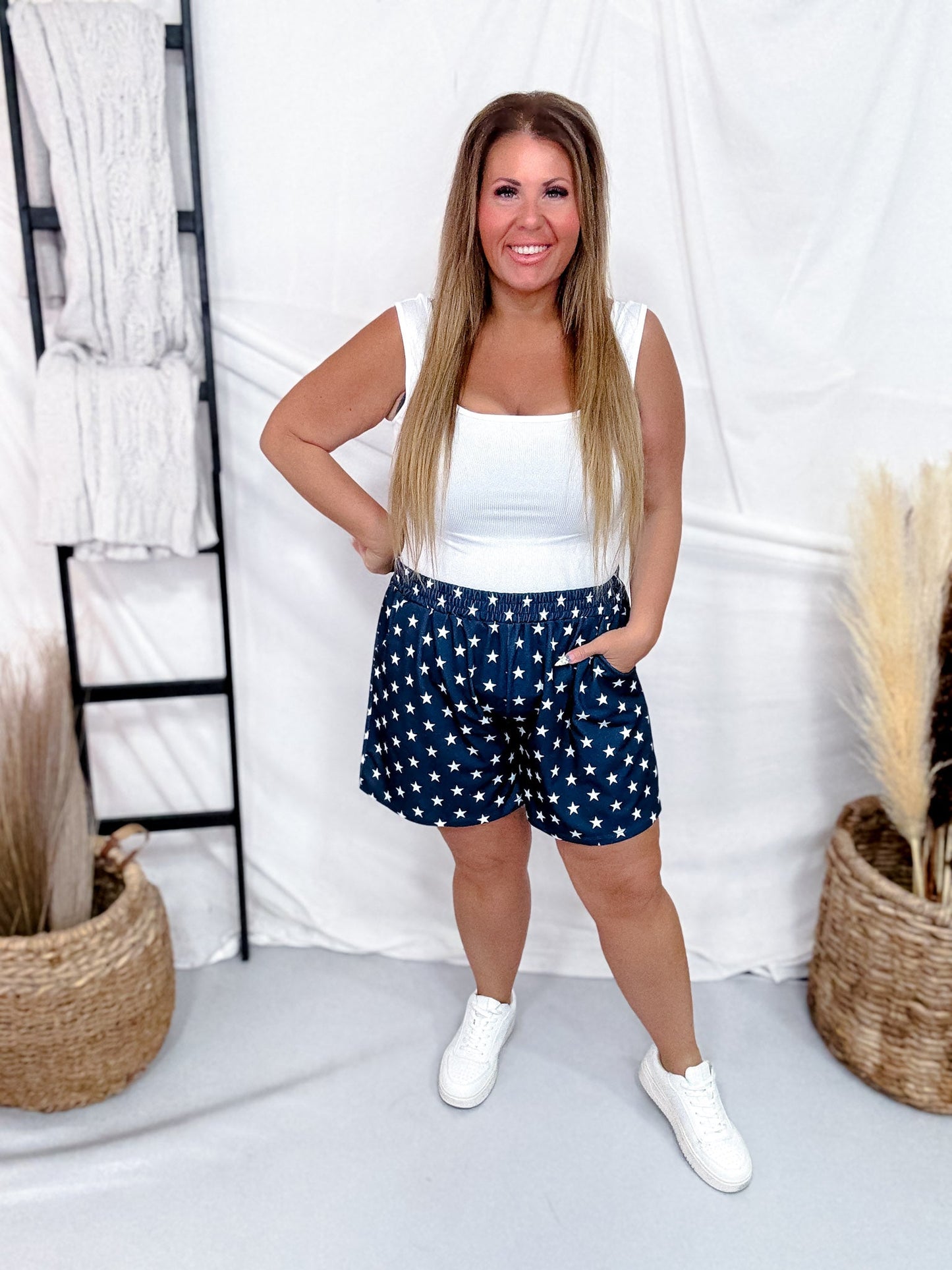 Navy Blue Star Print Elastic Waist Shorts - Whiskey Skies - SOUTHERN GRACE
