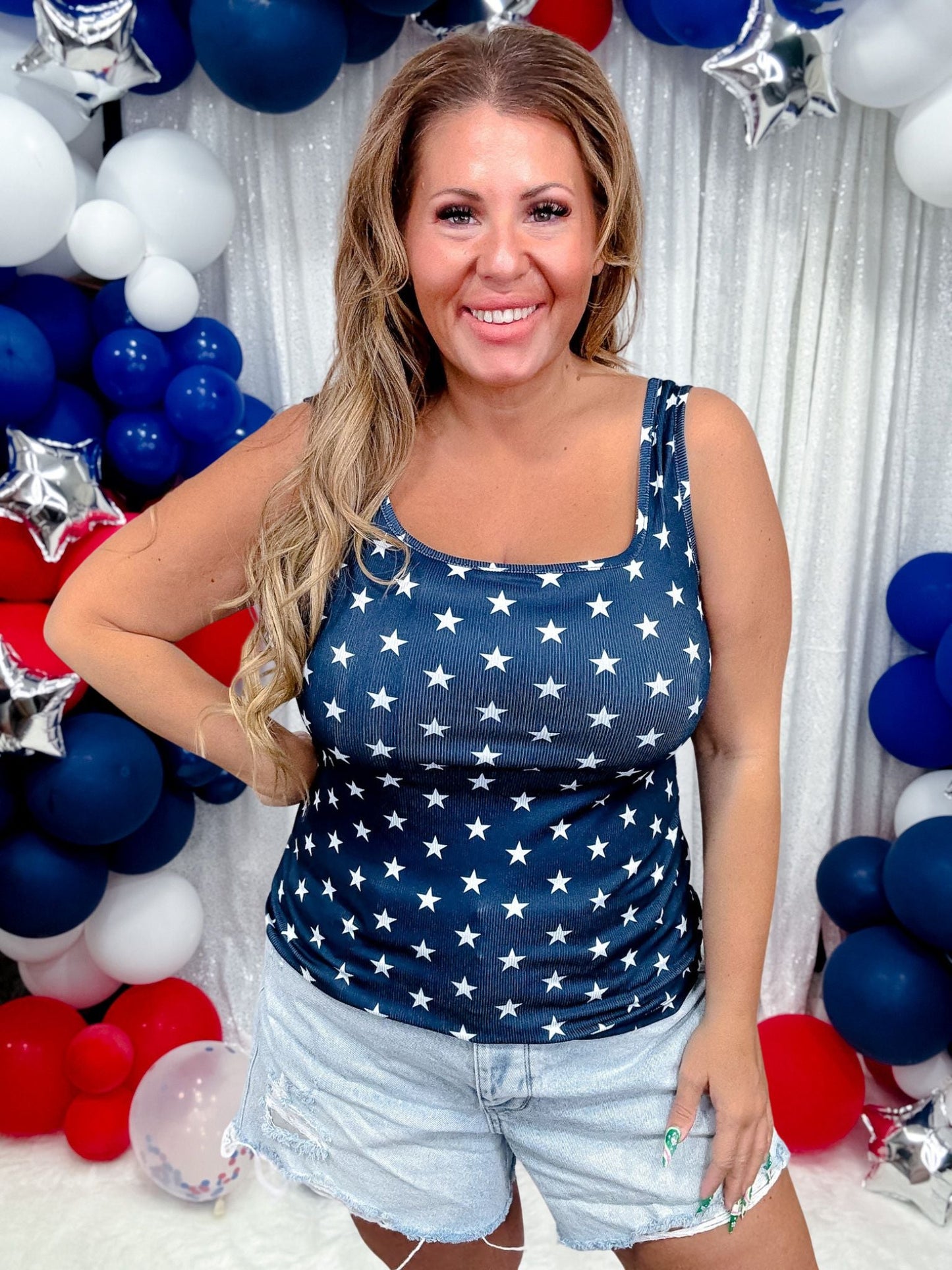 Navy Blue Star Print Square Neck Tank Top - Whiskey Skies - SOUTHERN GRACE