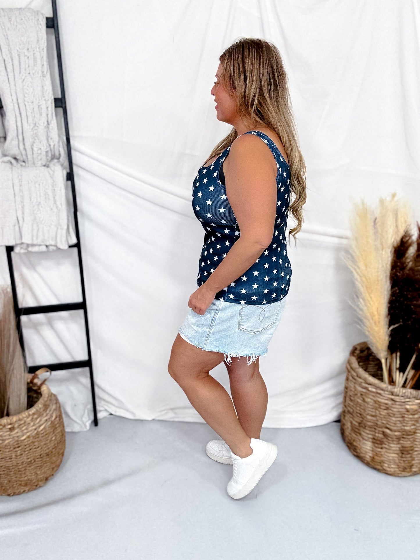 Navy Blue Star Print Square Neck Tank Top - Whiskey Skies - SOUTHERN GRACE