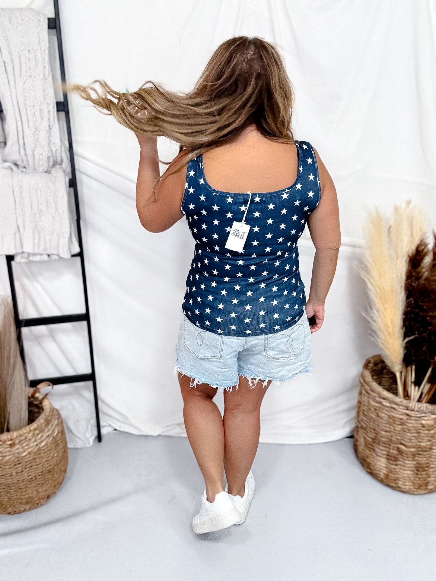 Navy Blue Star Print Square Neck Tank Top - Whiskey Skies - SOUTHERN GRACE