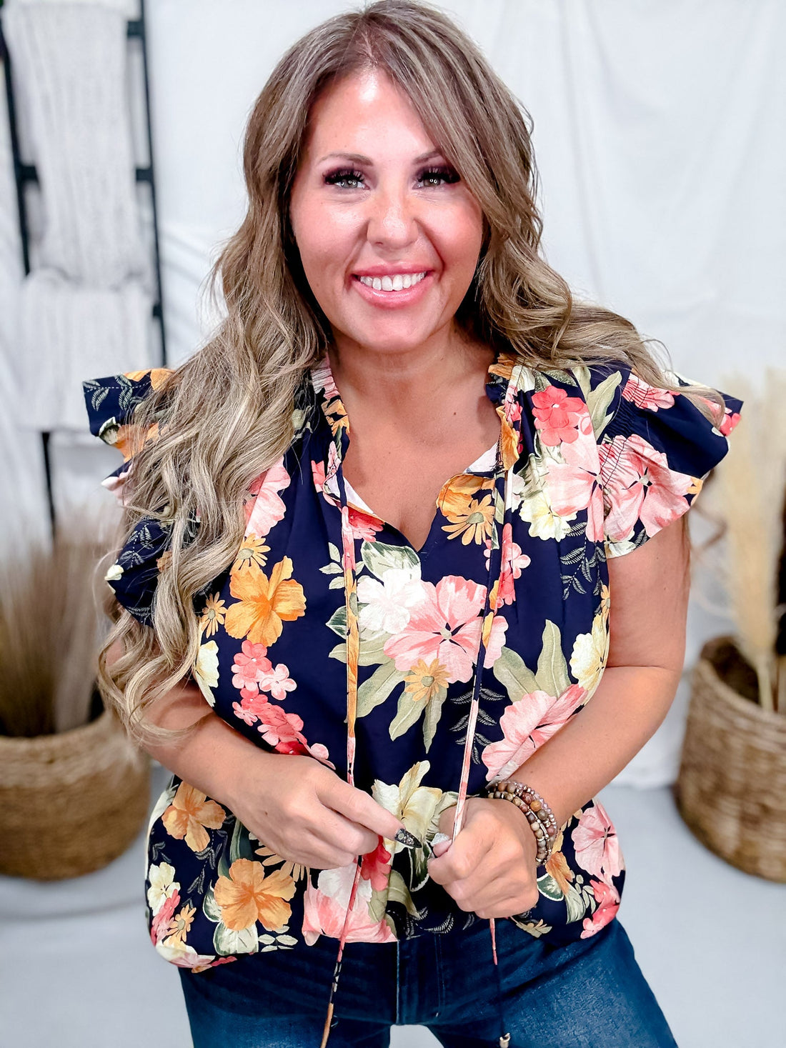Navy Blue Tropical Floral Print Blouse With Ruffle Sleeves - Whiskey Skies - ODDI