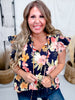 Navy Blue Tropical Floral Print Blouse With Ruffle Sleeves - Whiskey Skies - ODDI