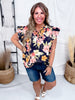 Navy Blue Tropical Floral Print Blouse With Ruffle Sleeves - Whiskey Skies - ODDI