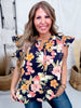 Navy Blue Tropical Floral Print Blouse With Ruffle Sleeves - Whiskey Skies - ODDI