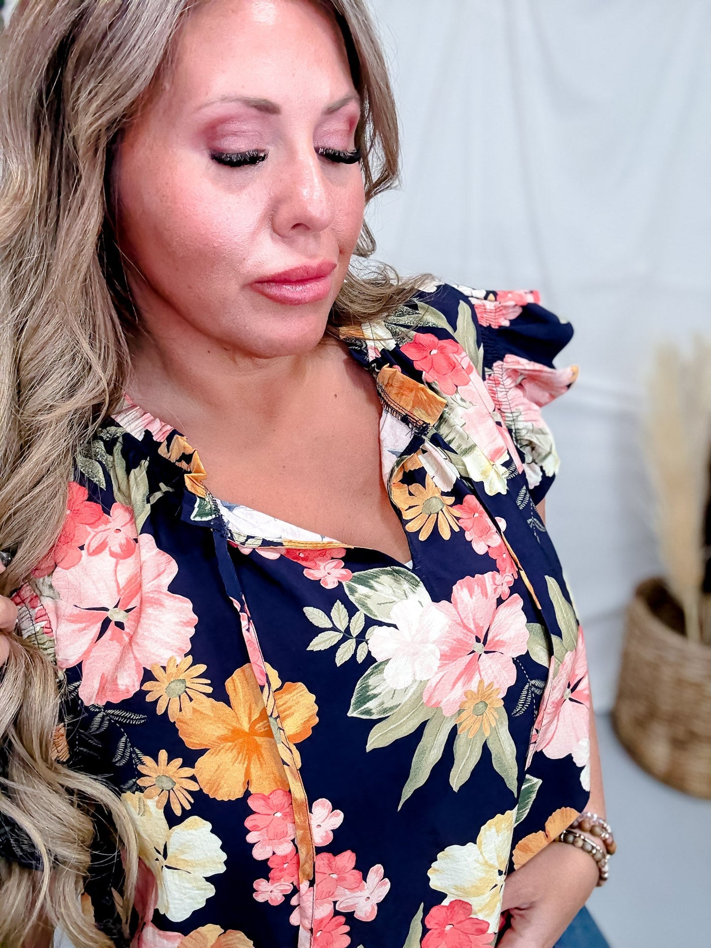 Navy Blue Tropical Floral Print Blouse With Ruffle Sleeves - Whiskey Skies - ODDI