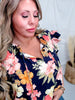 Navy Blue Tropical Floral Print Blouse With Ruffle Sleeves - Whiskey Skies - ODDI