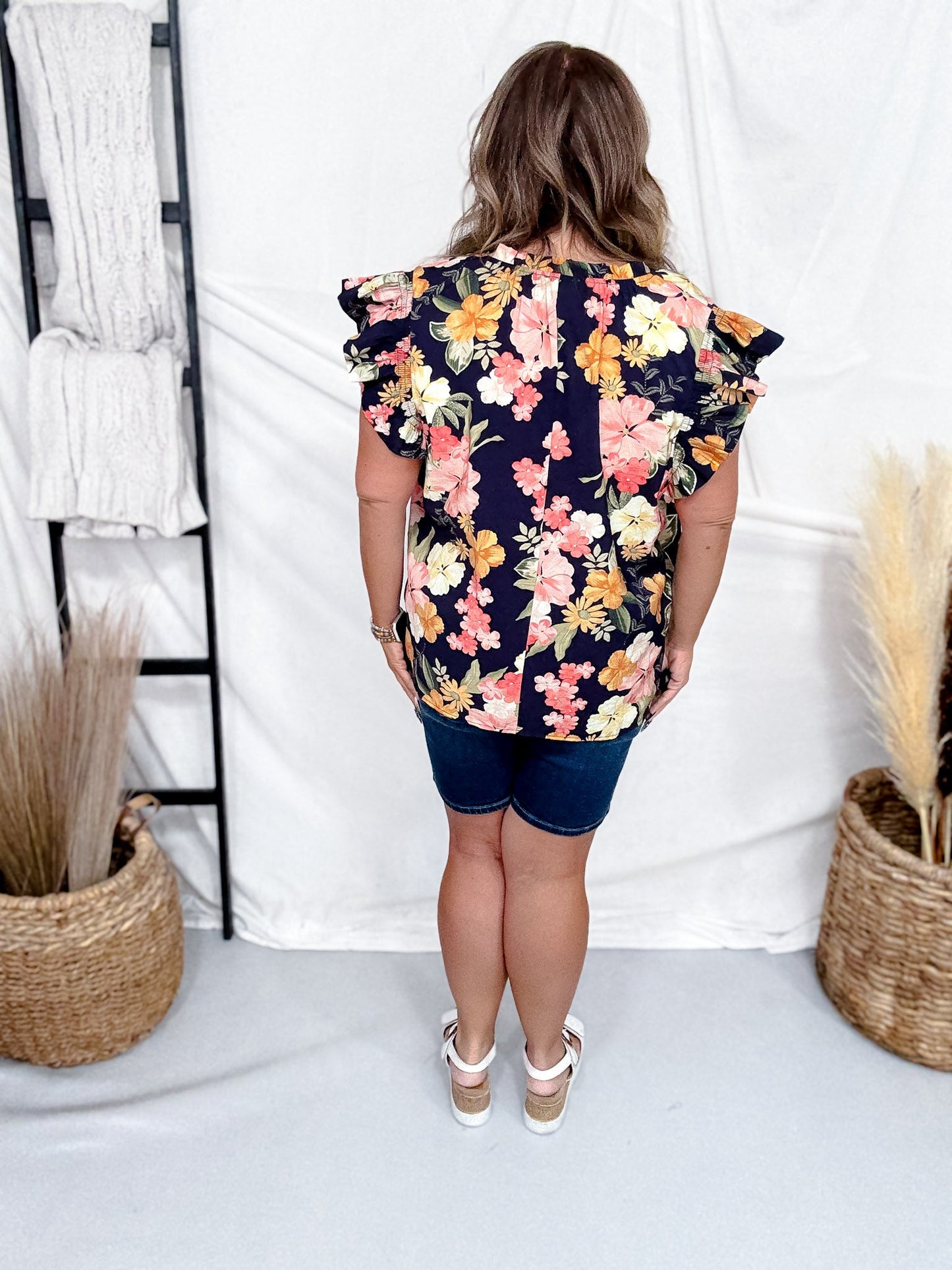 Navy Blue Tropical Floral Print Blouse With Ruffle Sleeves - Whiskey Skies - ODDI