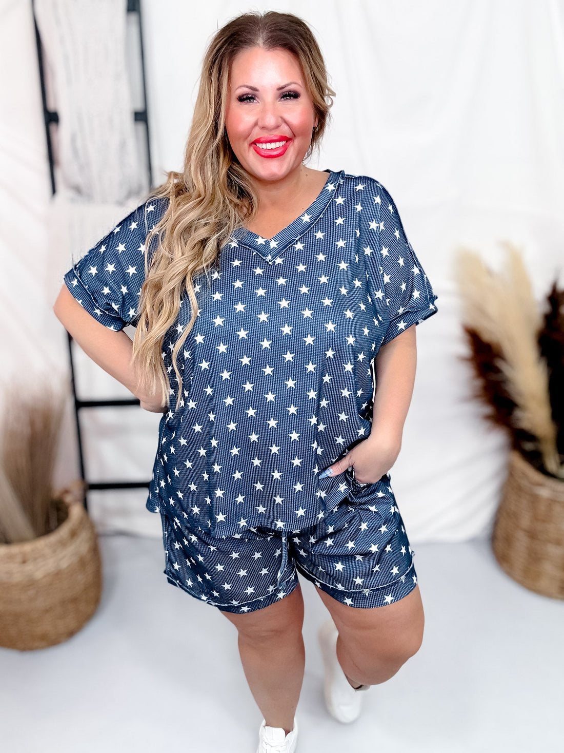 Navy Blue Waffle Knit Star Pattern Top - Whiskey Skies - SOUTHERN GRACE