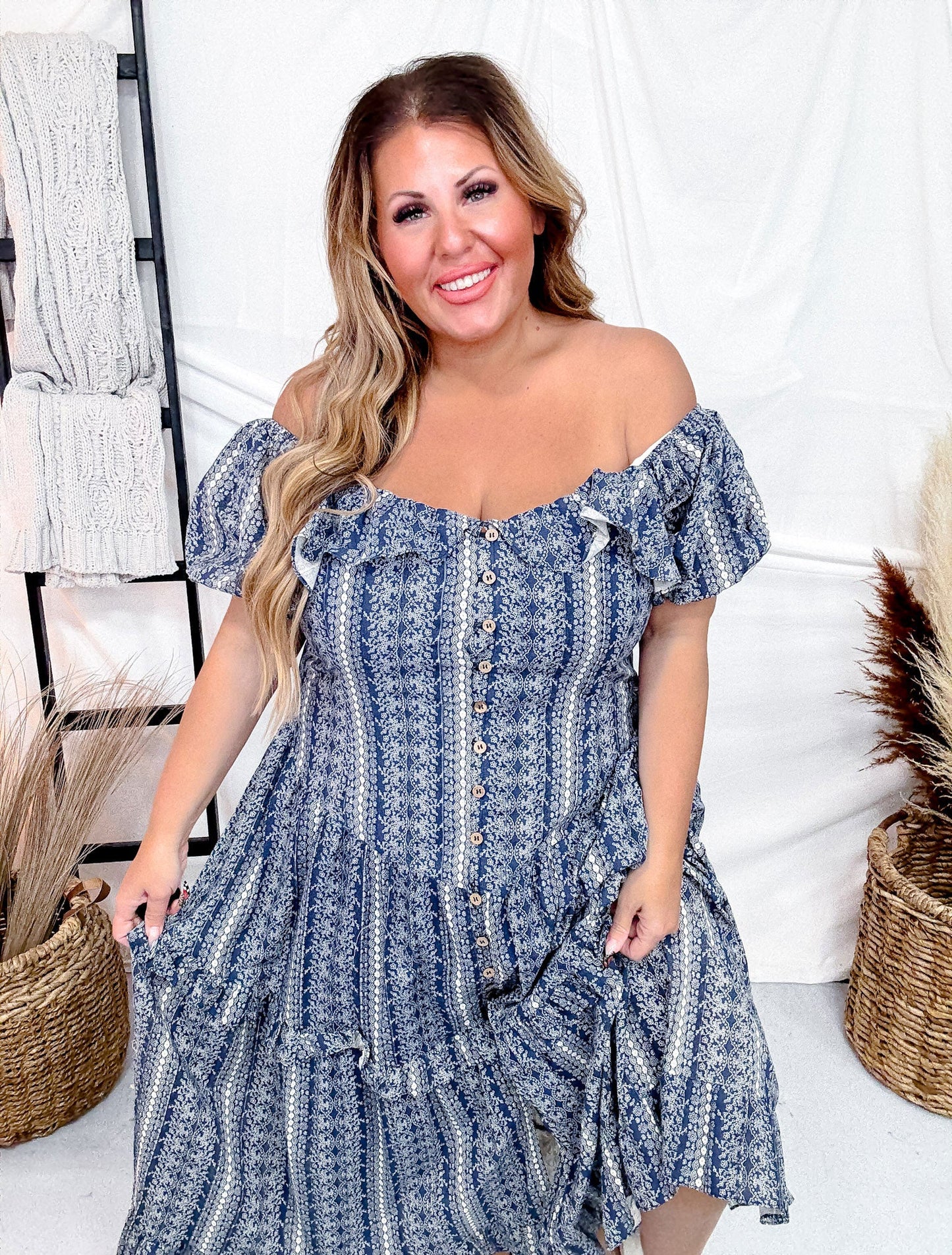 Navy Button Front Balloon Sleeve Dress - Whiskey Skies - DAVI & DANI