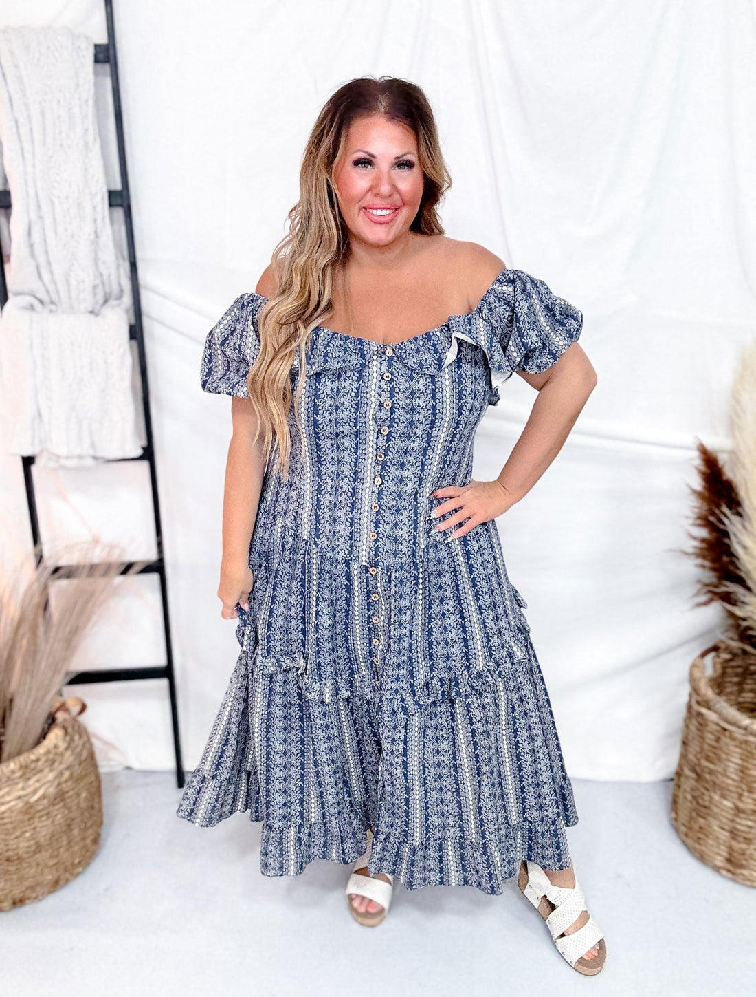 Navy Button Front Balloon Sleeve Dress - Whiskey Skies - DAVI & DANI