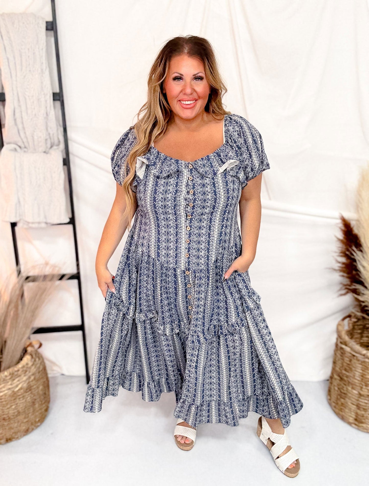 Navy Button Front Balloon Sleeve Dress - Whiskey Skies - DAVI & DANI