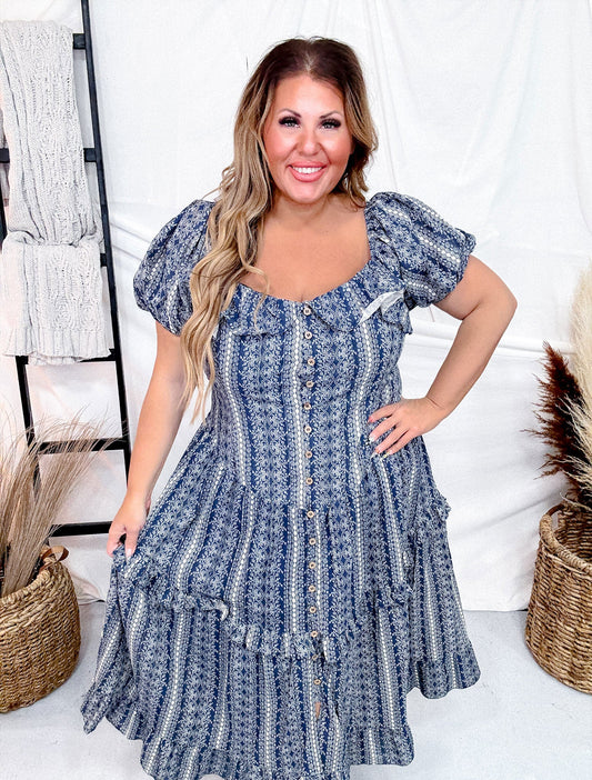 Navy Button Front Balloon Sleeve Dress - Whiskey Skies - DAVI & DANI