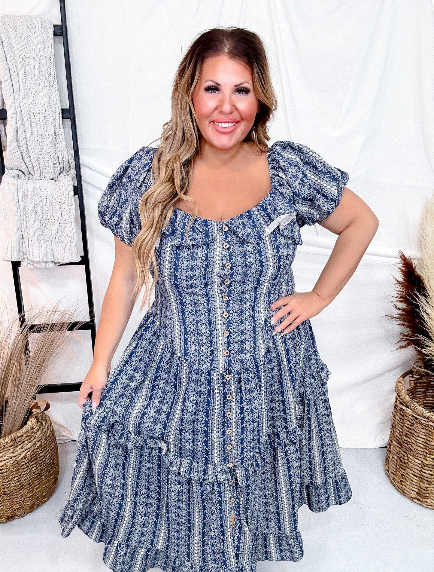 Navy Button Front Balloon Sleeve Dress - Whiskey Skies - DAVI & DANI