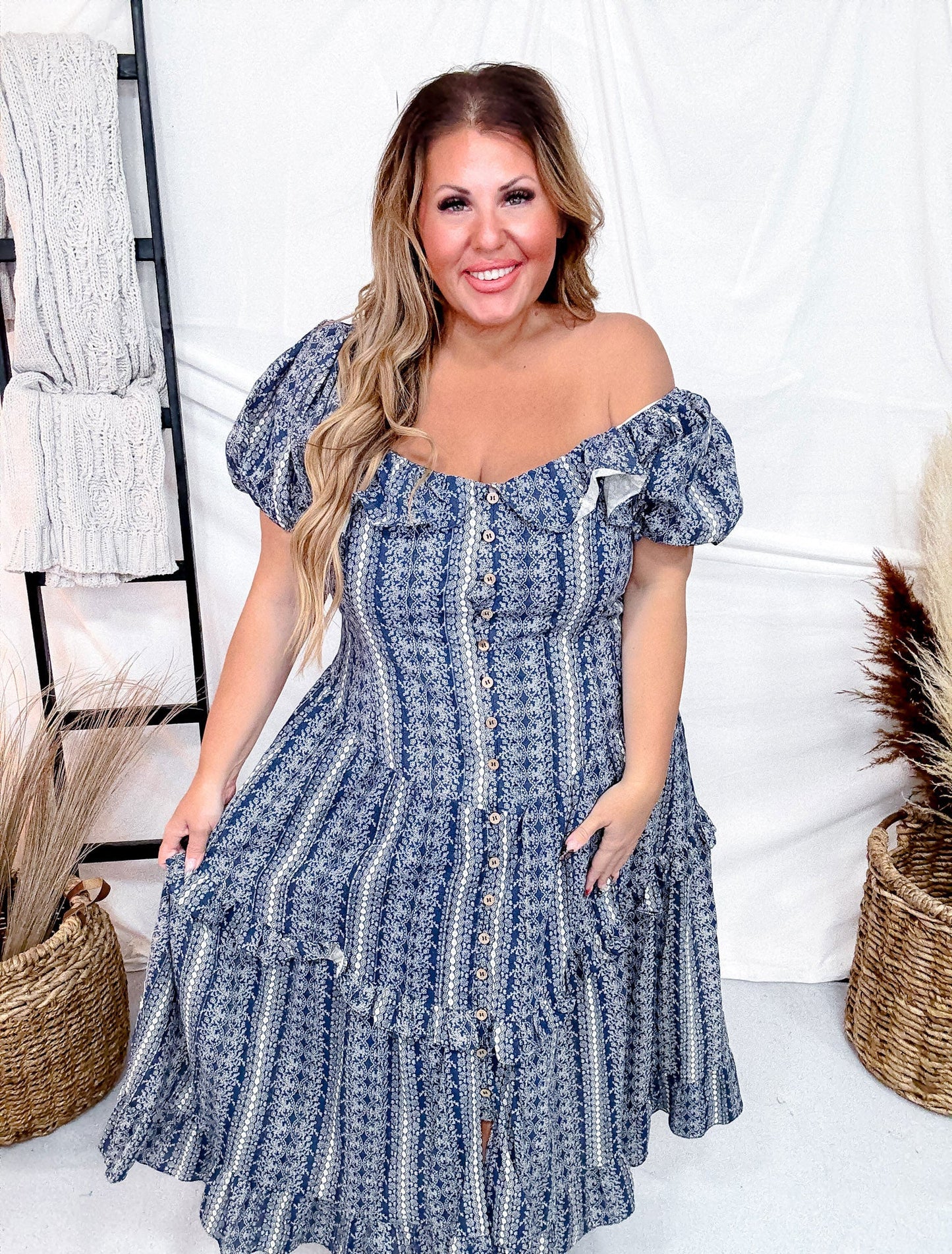 Navy Button Front Balloon Sleeve Dress - Whiskey Skies - DAVI & DANI