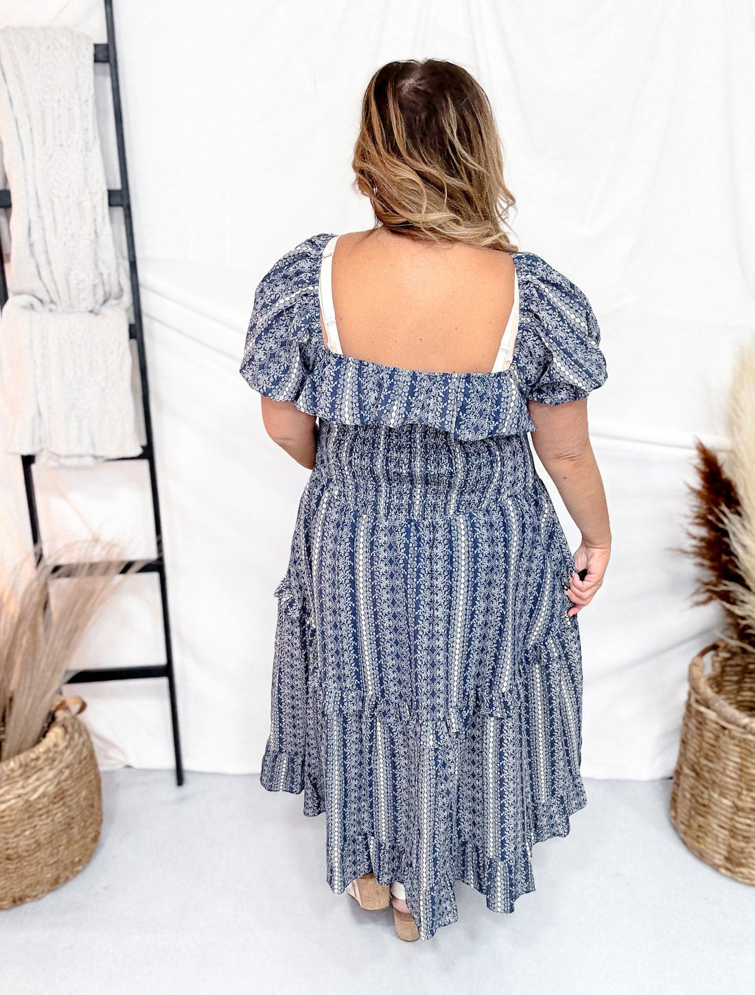 Navy Button Front Balloon Sleeve Dress - Whiskey Skies - DAVI & DANI