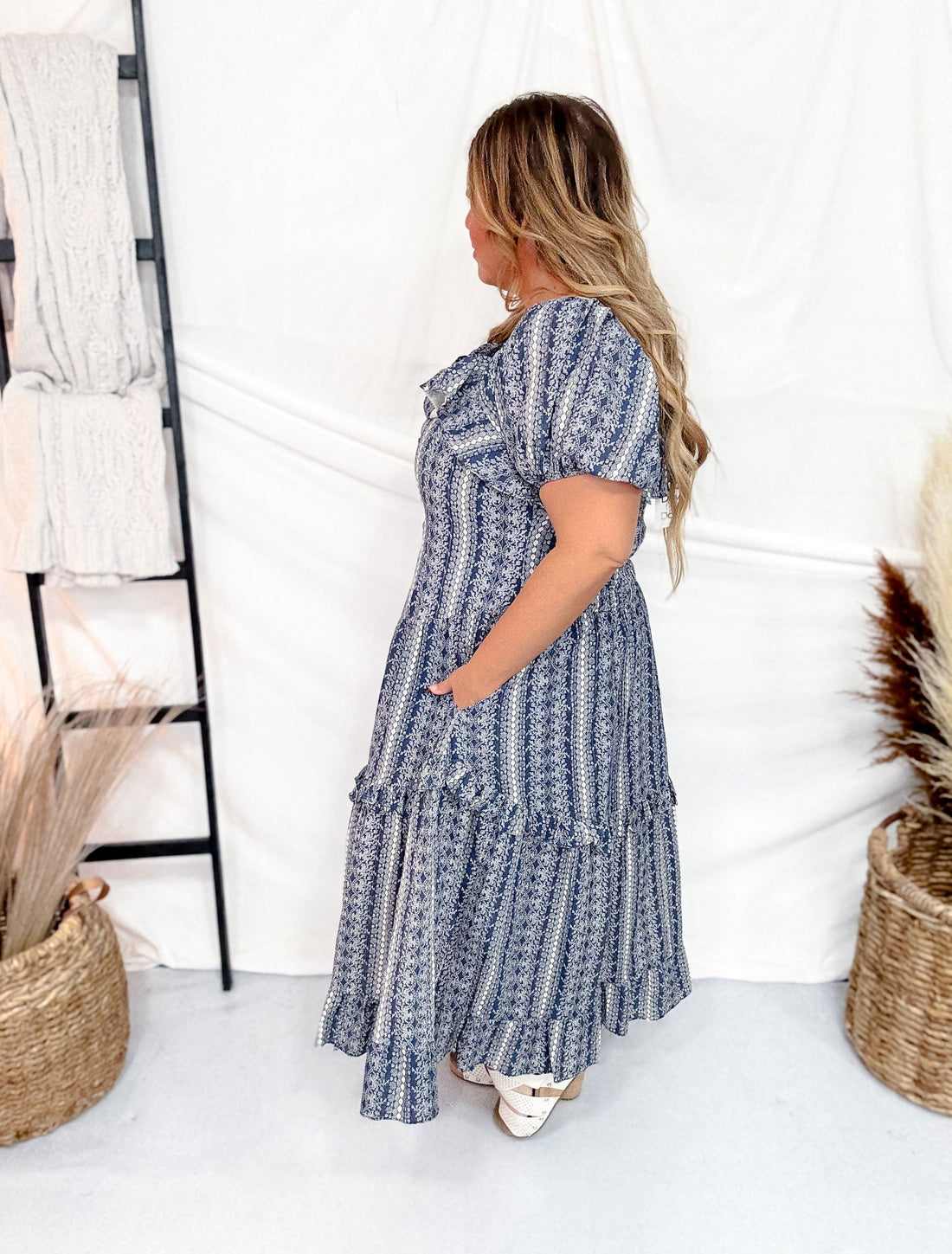 Navy Button Front Balloon Sleeve Dress - Whiskey Skies - DAVI & DANI