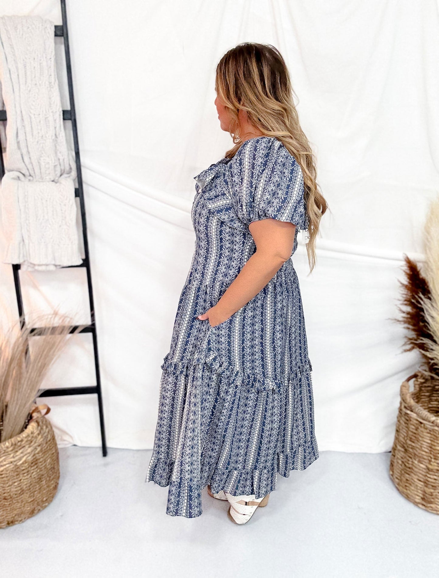Navy Button Front Balloon Sleeve Dress - Whiskey Skies - DAVI & DANI