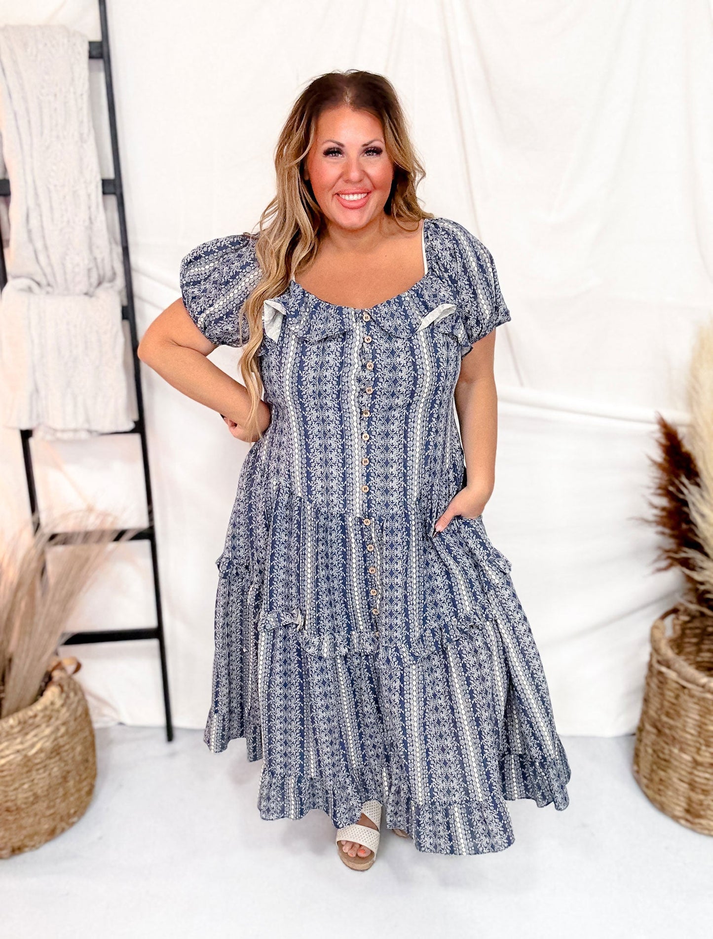 Navy Button Front Balloon Sleeve Dress - Whiskey Skies - DAVI & DANI