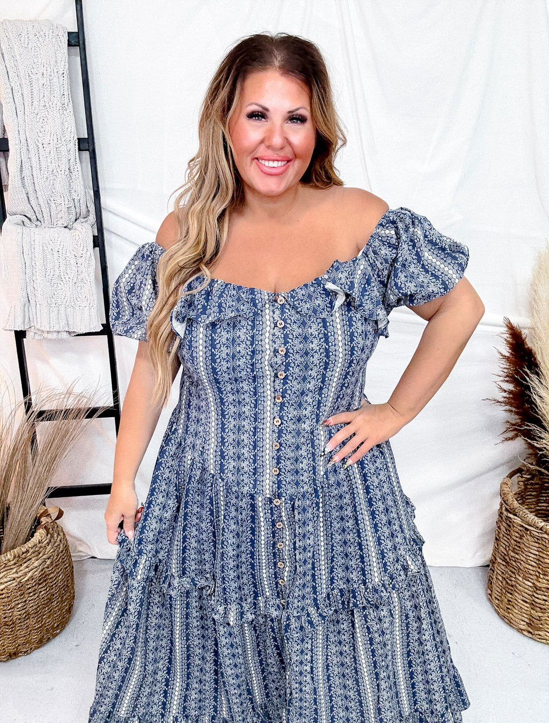 Navy Button Front Balloon Sleeve Dress - Whiskey Skies - DAVI & DANI