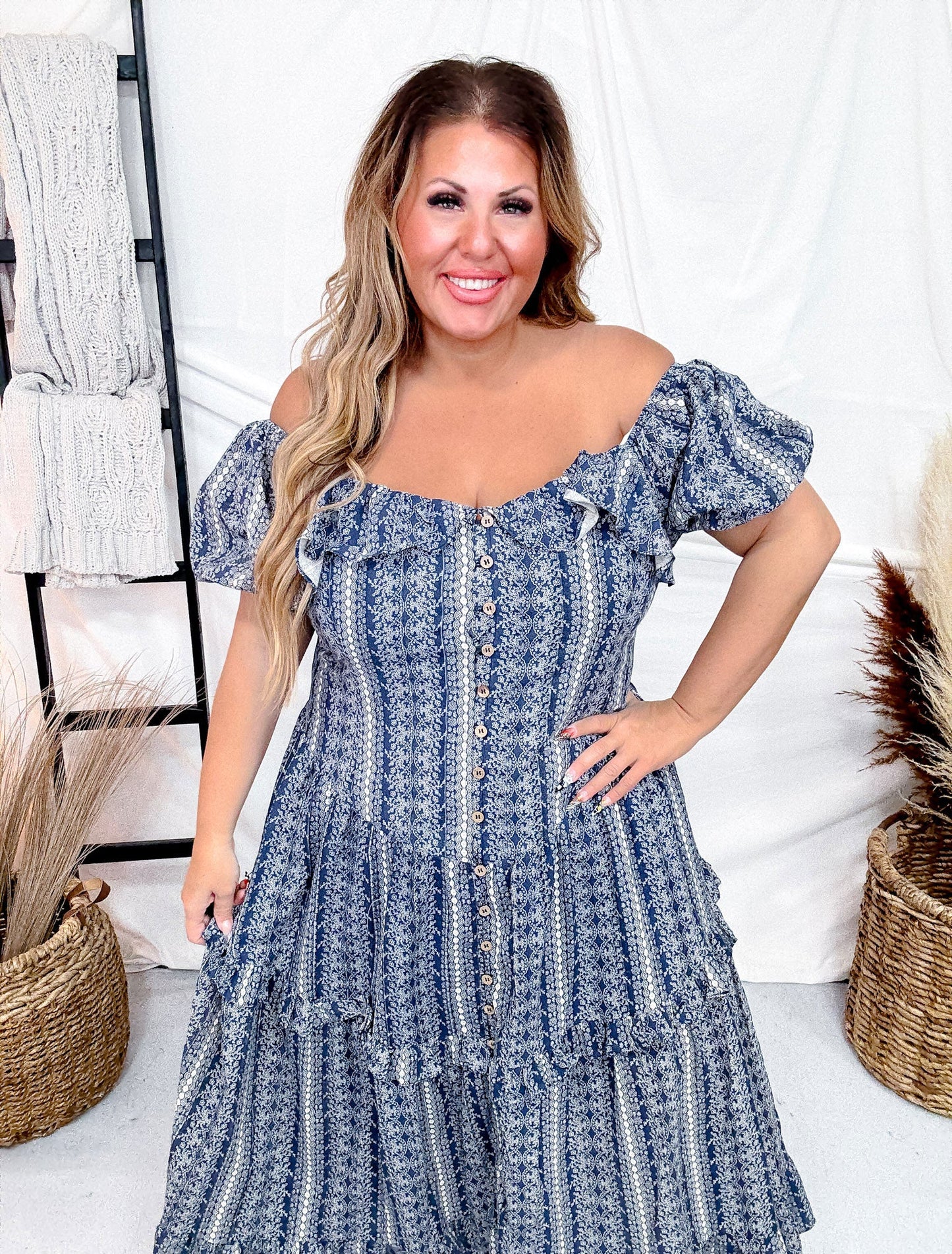 Navy Button Front Balloon Sleeve Dress - Whiskey Skies - DAVI & DANI