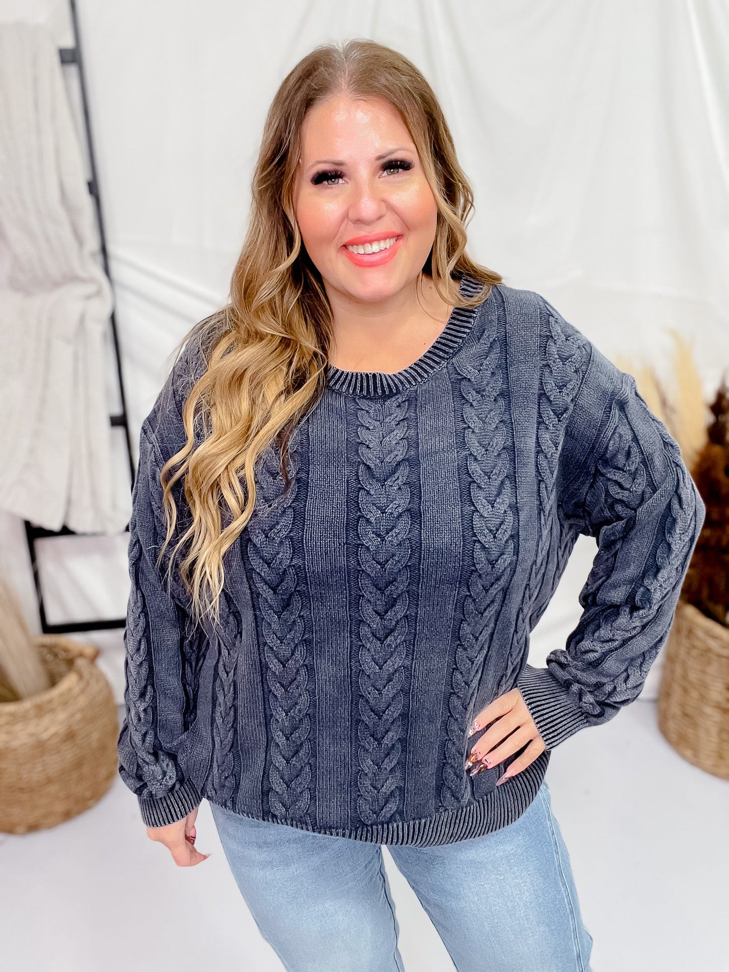 Navy Cable Knit Sweater - Whiskey Skies - HAYDEN