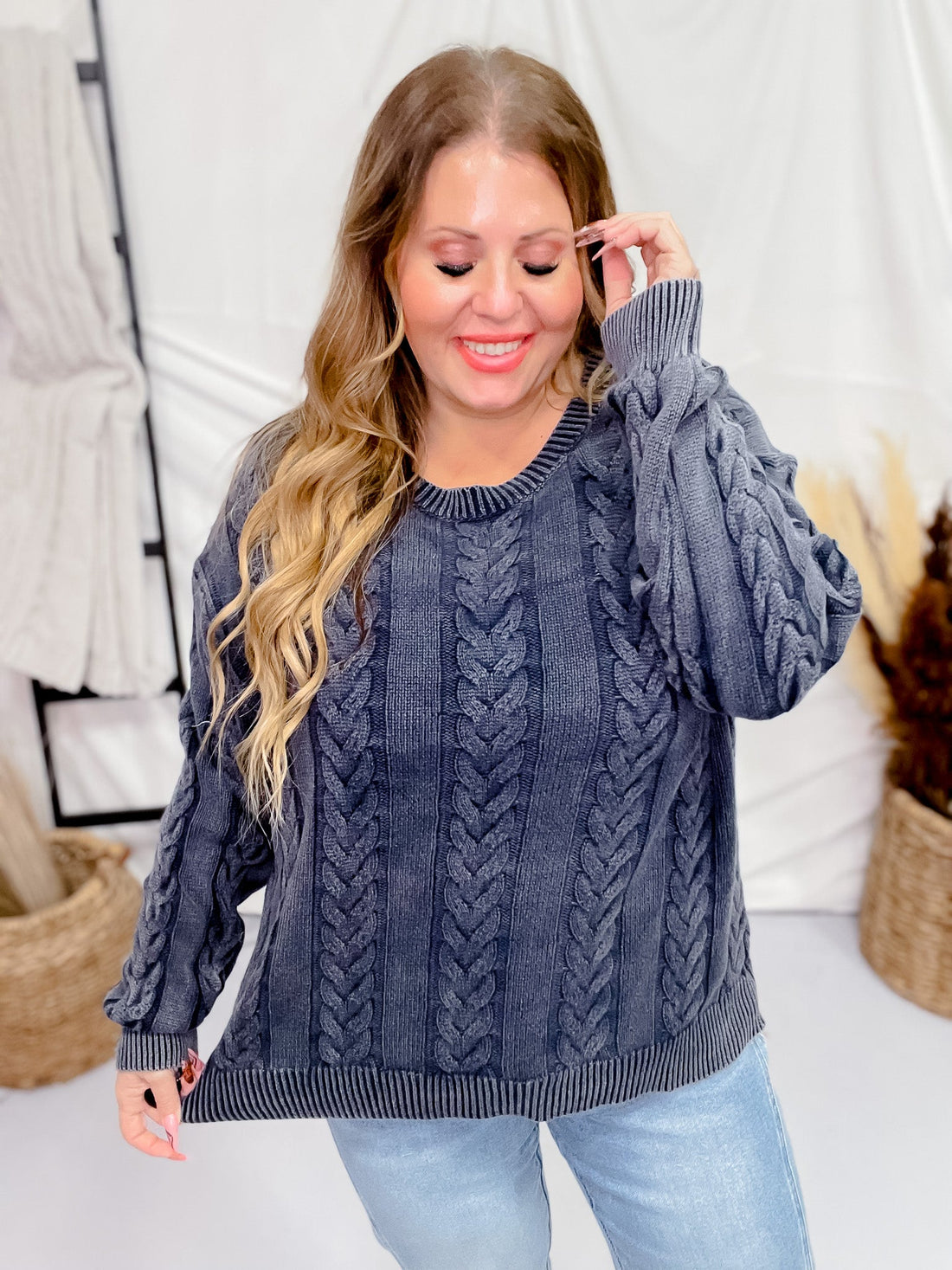 Navy Cable Knit Sweater - Whiskey Skies - HAYDEN