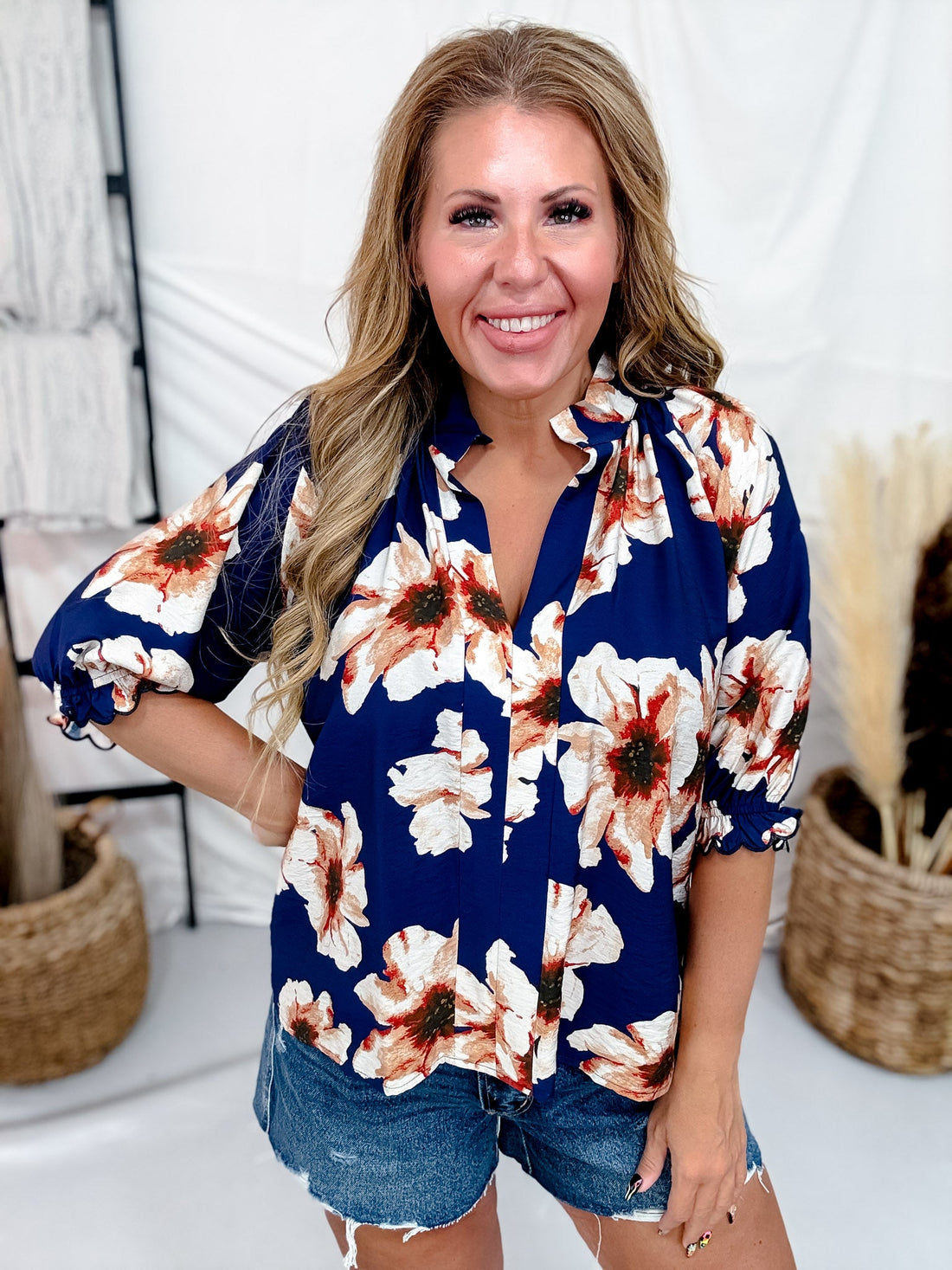 Navy & Cream Floral Print Split V-Neck Blouse - Whiskey Skies - HEIMISH