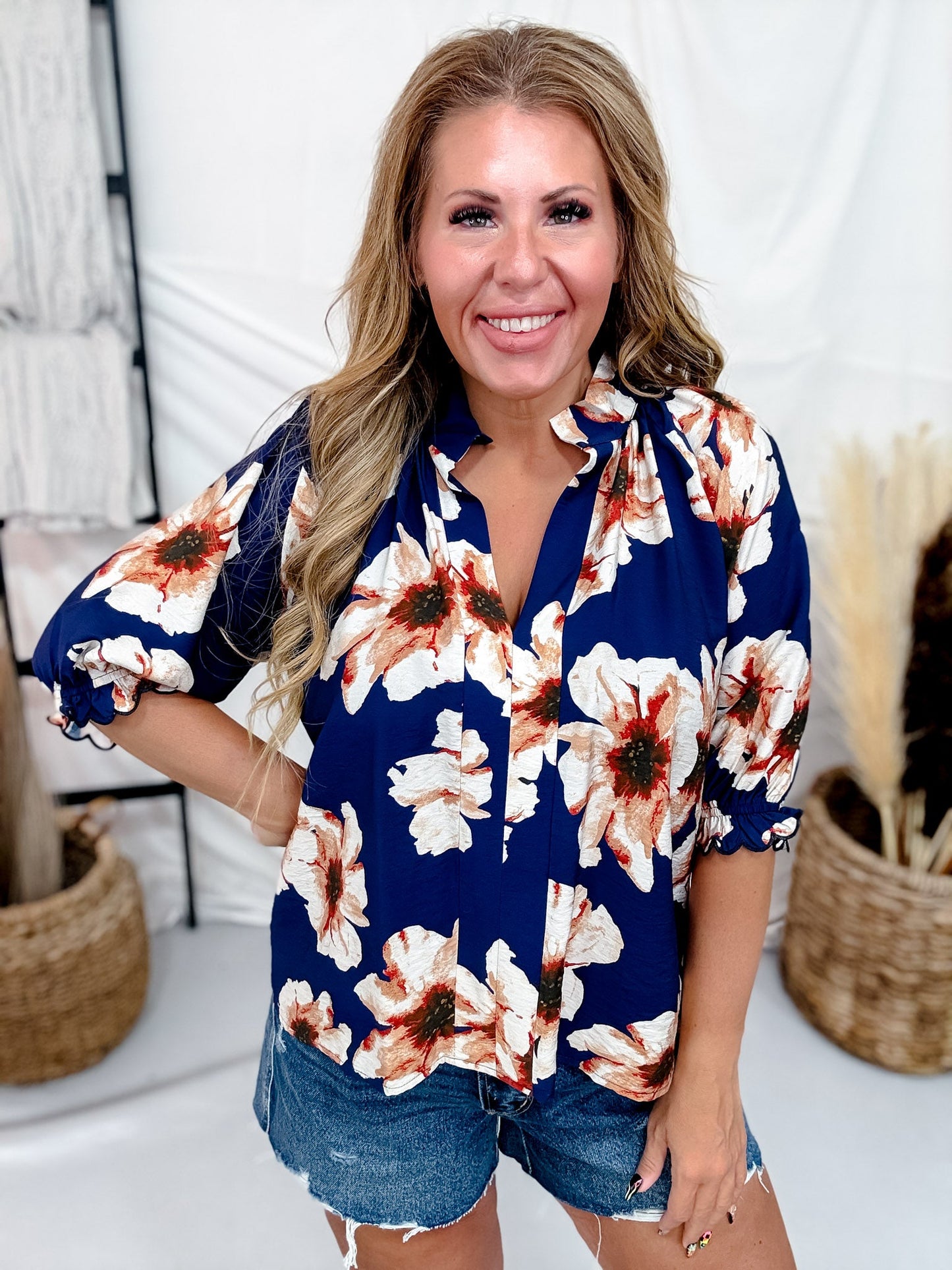 Navy & Cream Floral Print Split V-Neck Blouse - Whiskey Skies - HEIMISH