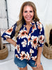 Navy & Cream Floral Print Split V-Neck Blouse - Whiskey Skies - HEIMISH