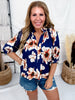 Navy & Cream Floral Print Split V-Neck Blouse - Whiskey Skies - HEIMISH
