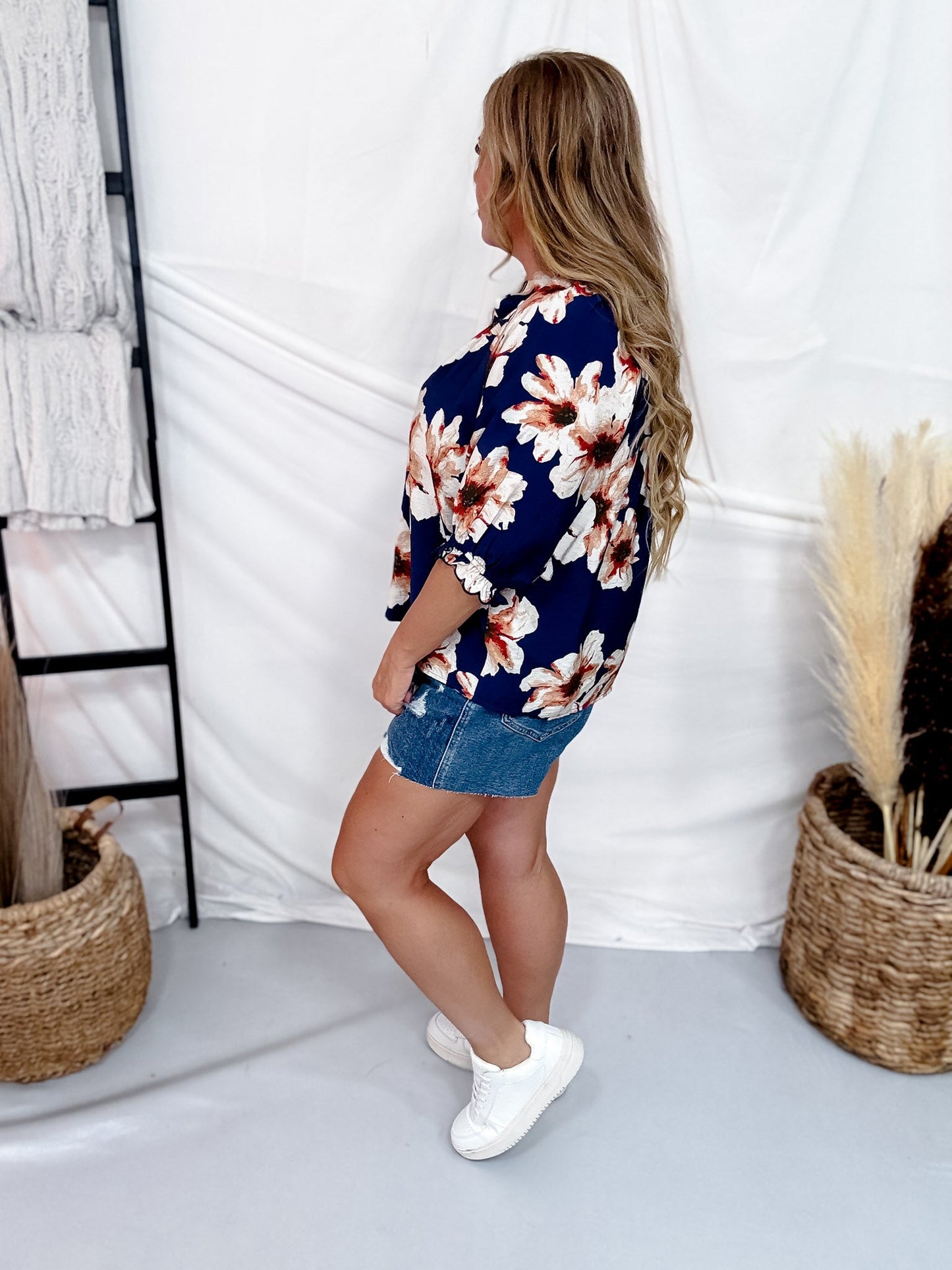 Navy & Cream Floral Print Split V-Neck Blouse - Whiskey Skies - HEIMISH
