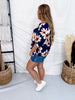 Navy & Cream Floral Print Split V-Neck Blouse - Whiskey Skies - HEIMISH