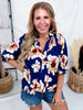 Navy & Cream Floral Print Split V-Neck Blouse - Whiskey Skies - HEIMISH