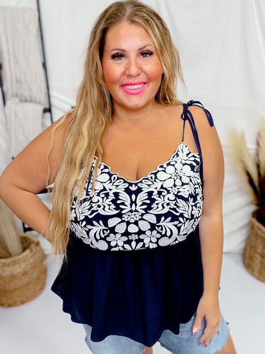 Navy Embroidered Babydoll Top - Whiskey Skies - ANDREE BY UNIT
