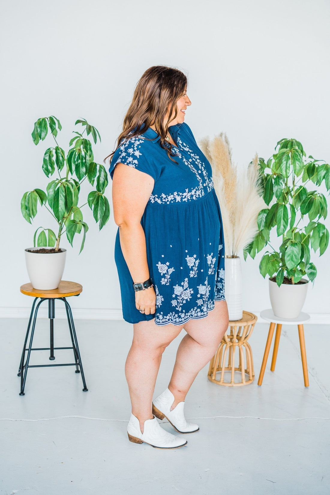 Navy Embroidered Button Up Collared Dress - Whiskey Skies - ANDREE BY UNIT