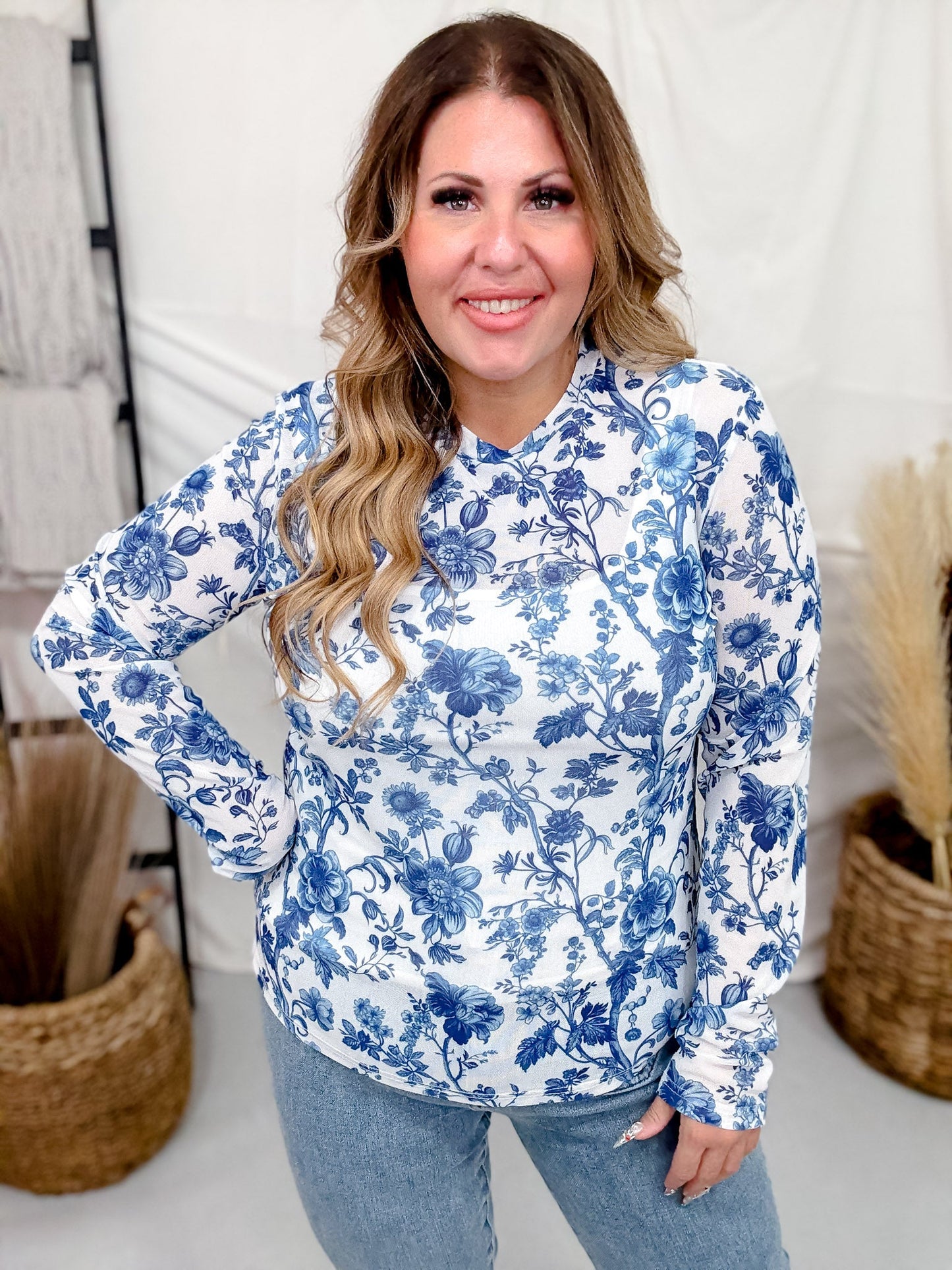 Navy Floral Long Sleeve Mesh Top - Whiskey Skies - SHIRLEY & STONE