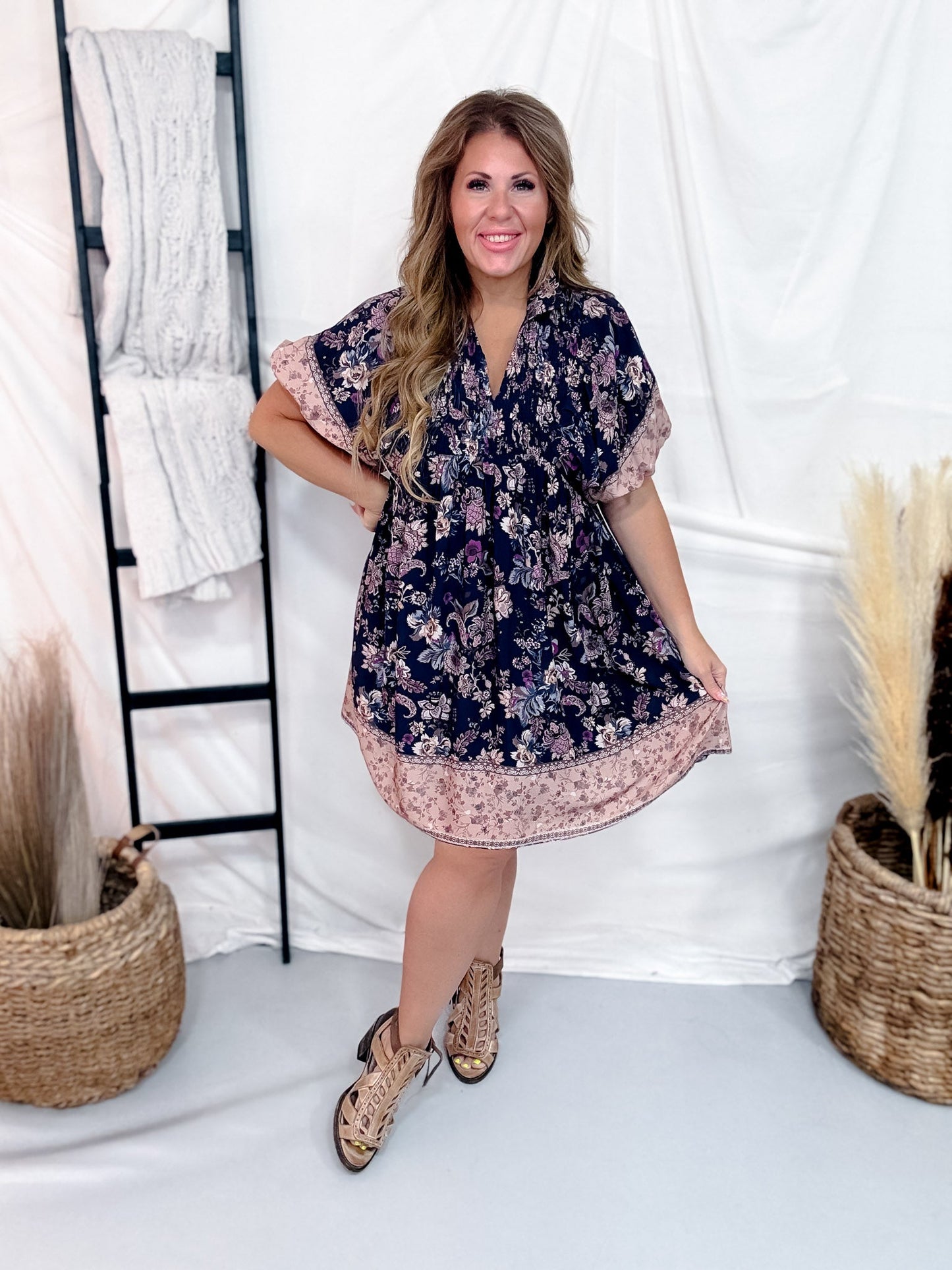 Navy Floral Paisley Dress With Puff Sleeves - Whiskey Skies - HEIMISH