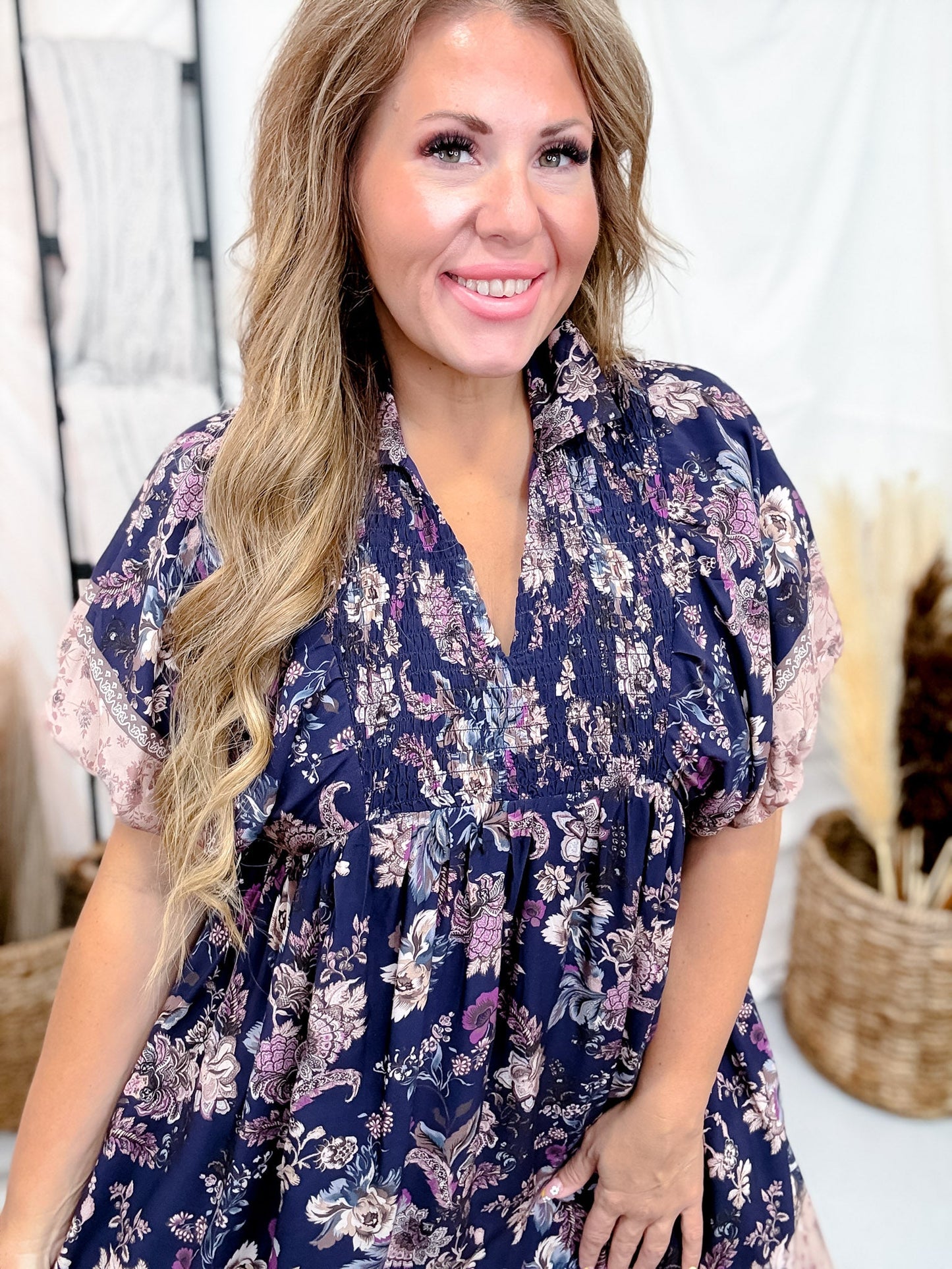 Navy Floral Paisley Dress With Puff Sleeves - Whiskey Skies - HEIMISH
