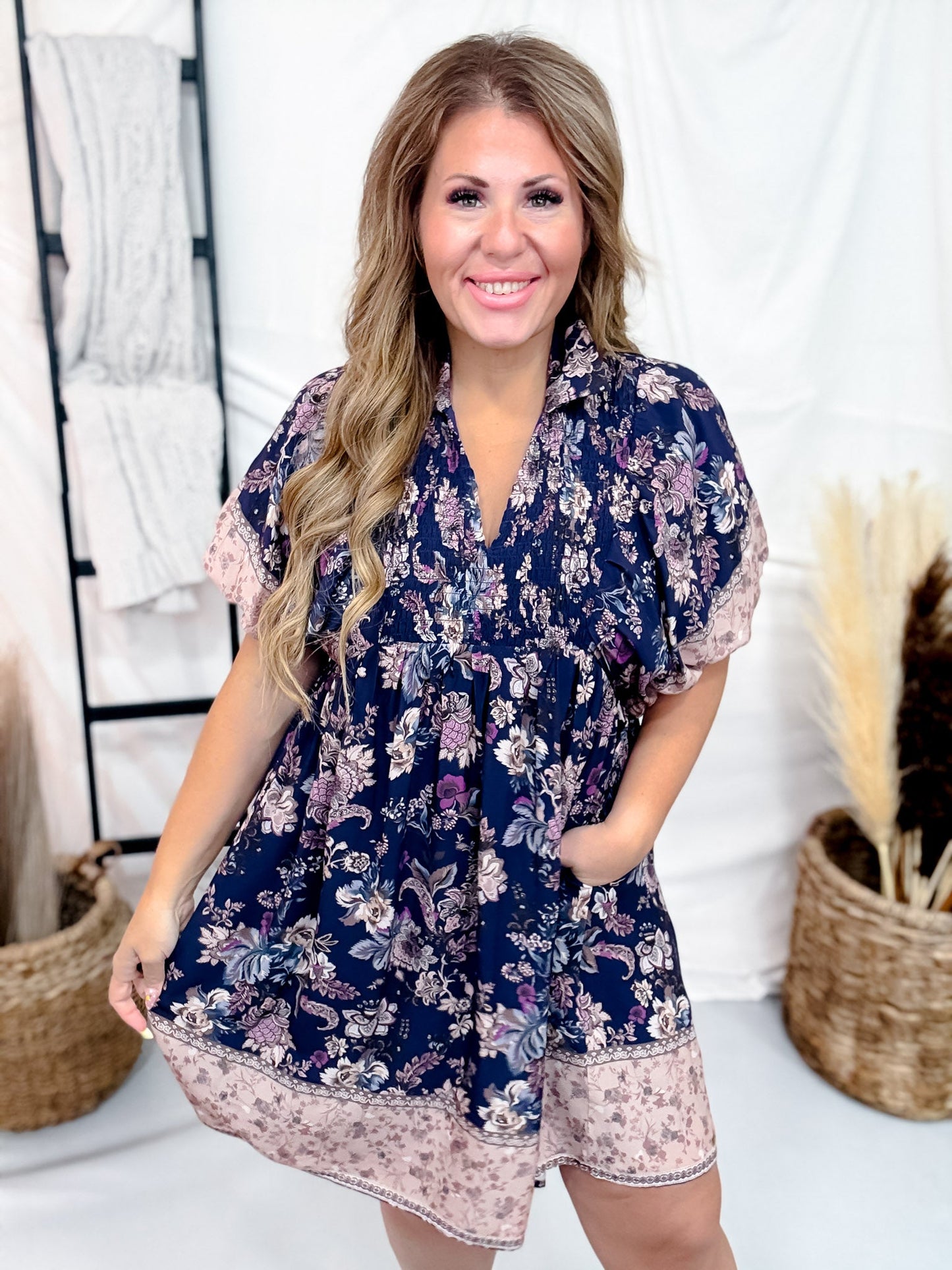 Navy Floral Paisley Dress With Puff Sleeves - Whiskey Skies - HEIMISH
