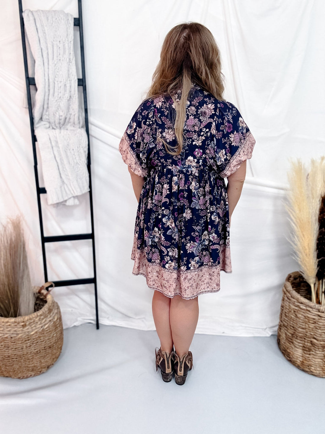Navy Floral Paisley Dress With Puff Sleeves - Whiskey Skies - HEIMISH