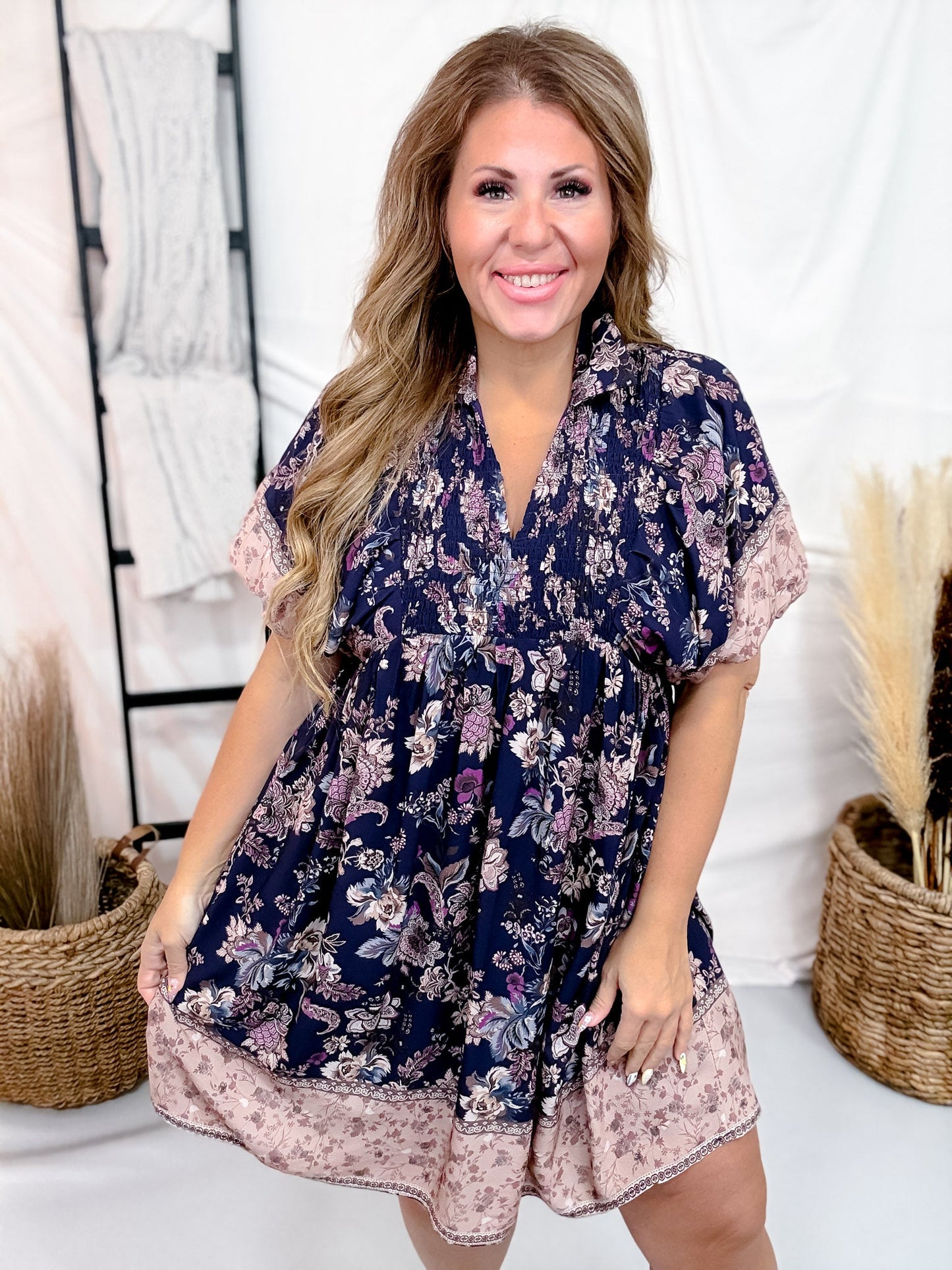 Navy Floral Paisley Dress With Puff Sleeves - Whiskey Skies - HEIMISH