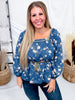 Navy Floral Peplum Top With Contrasting Piping - Whiskey Skies - HAYDEN