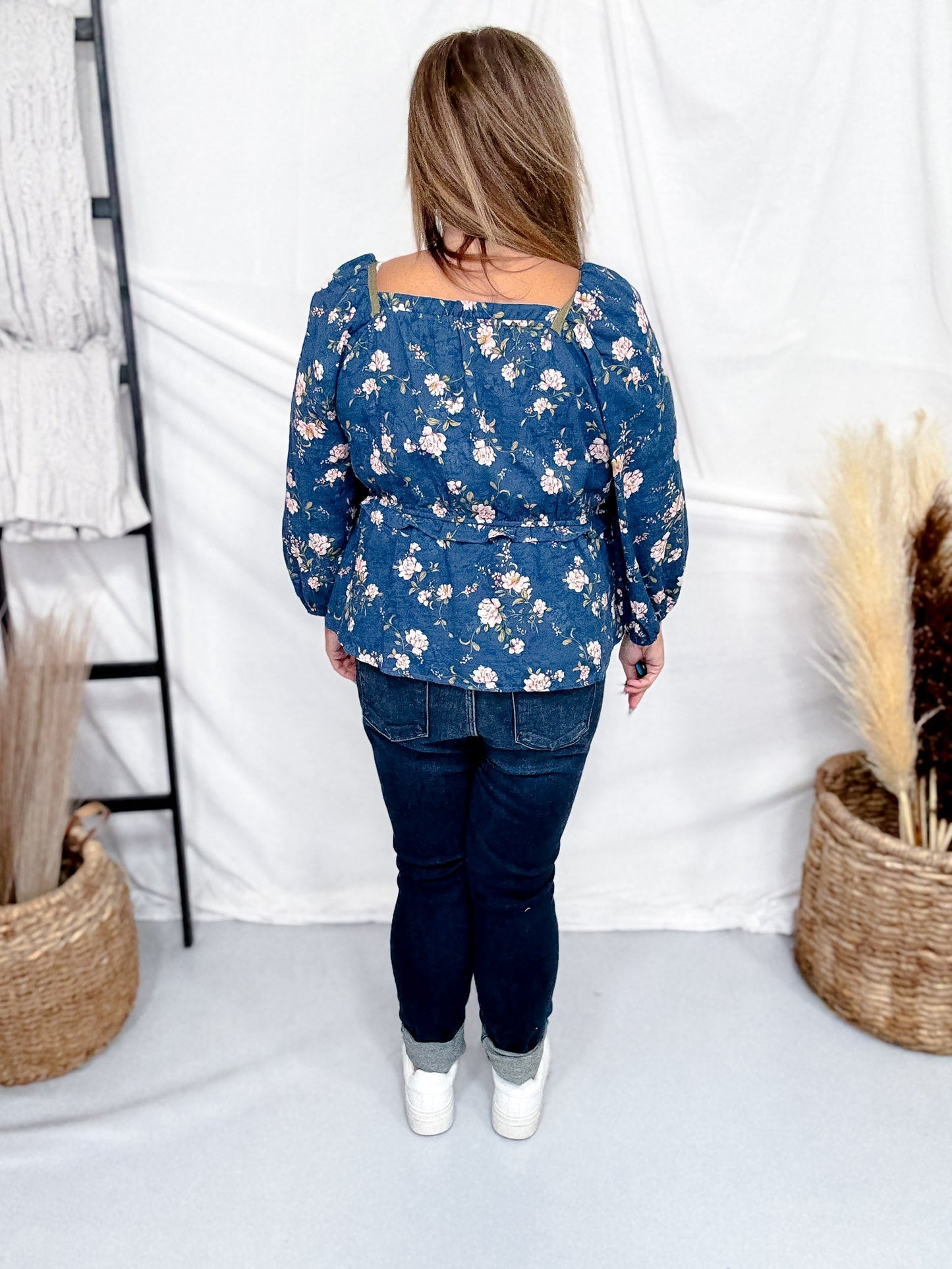 Navy Floral Peplum Top With Contrasting Piping - Whiskey Skies - HAYDEN