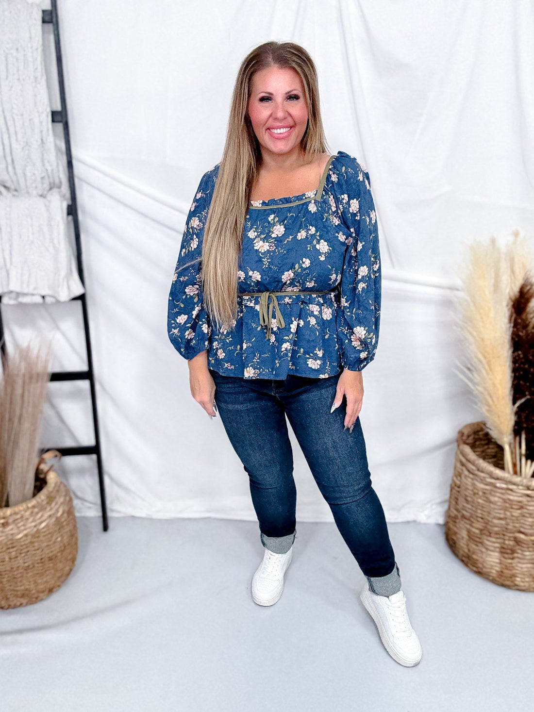 Navy Floral Peplum Top With Contrasting Piping - Whiskey Skies - HAYDEN