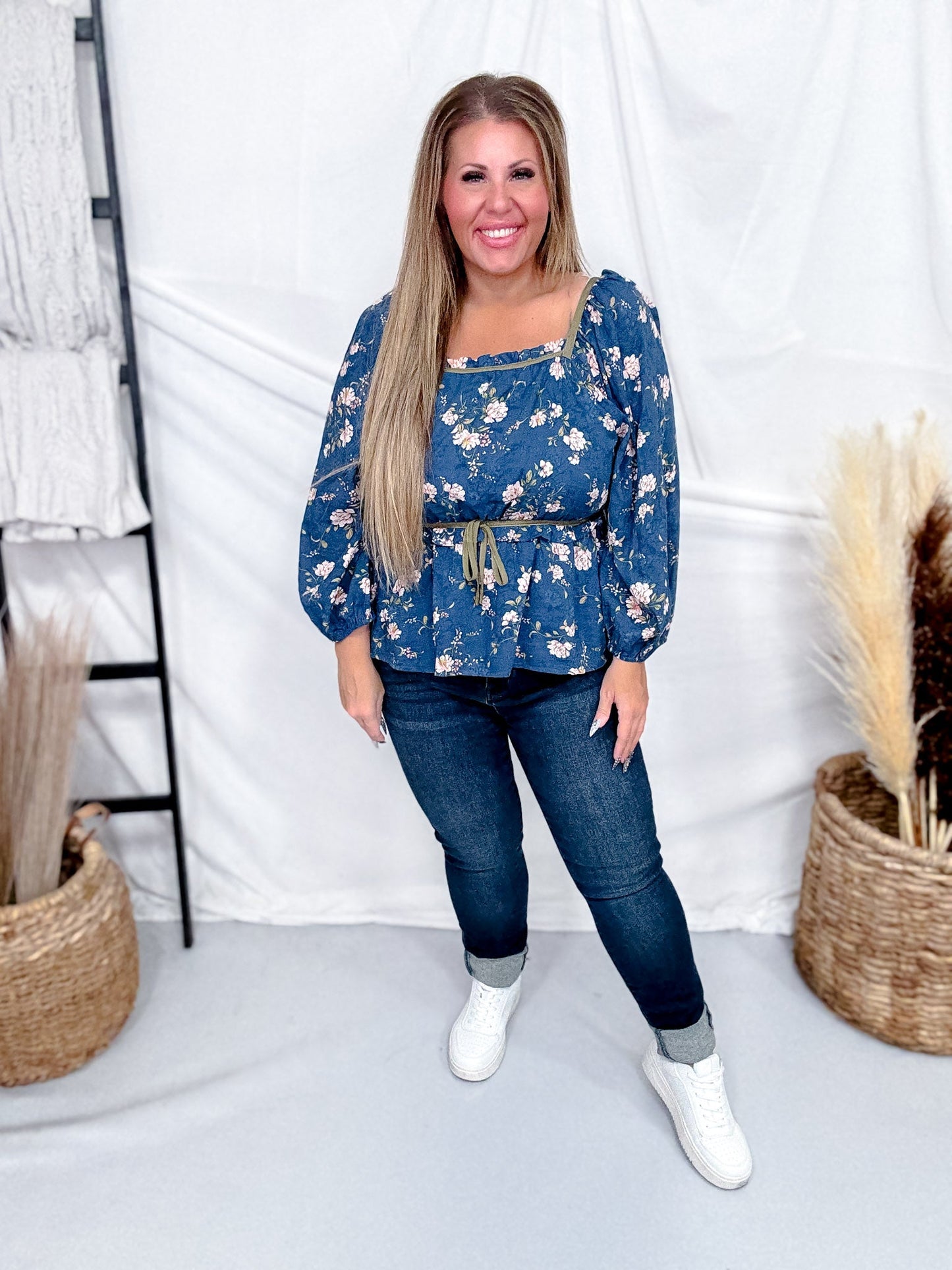 Navy Floral Peplum Top With Contrasting Piping - Whiskey Skies - HAYDEN