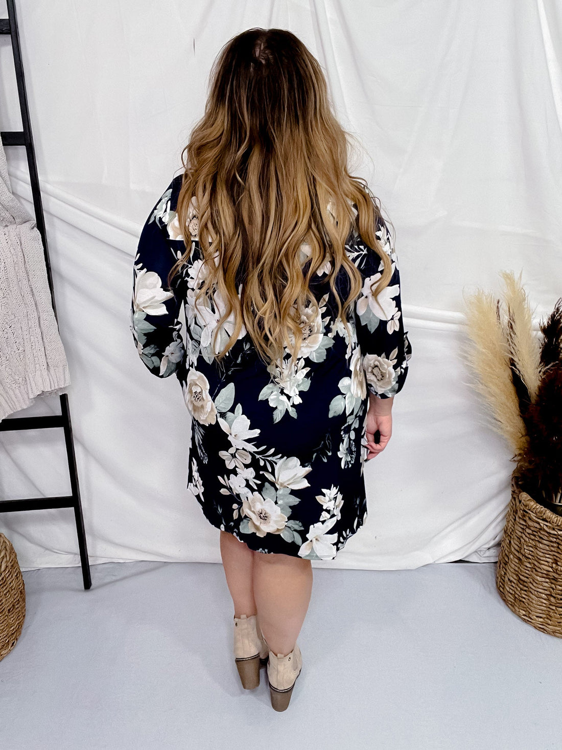 Navy Floral Print 3/4 Sleeve Dress - Whiskey Skies - DEAR SCARLETT