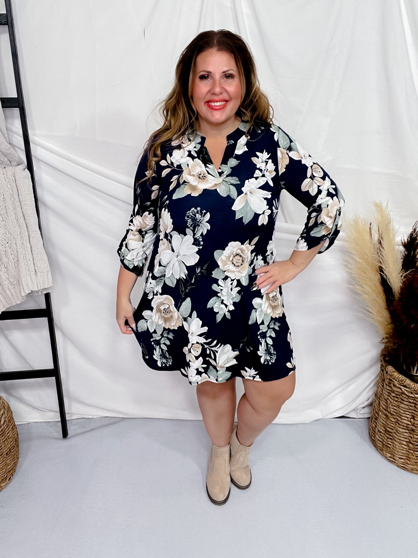 Navy Floral Print 3/4 Sleeve Dress - Whiskey Skies - DEAR SCARLETT