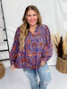 Navy Floral Print Long Sleeve Blouse with Ruffle Neck - Whiskey Skies - ODDI