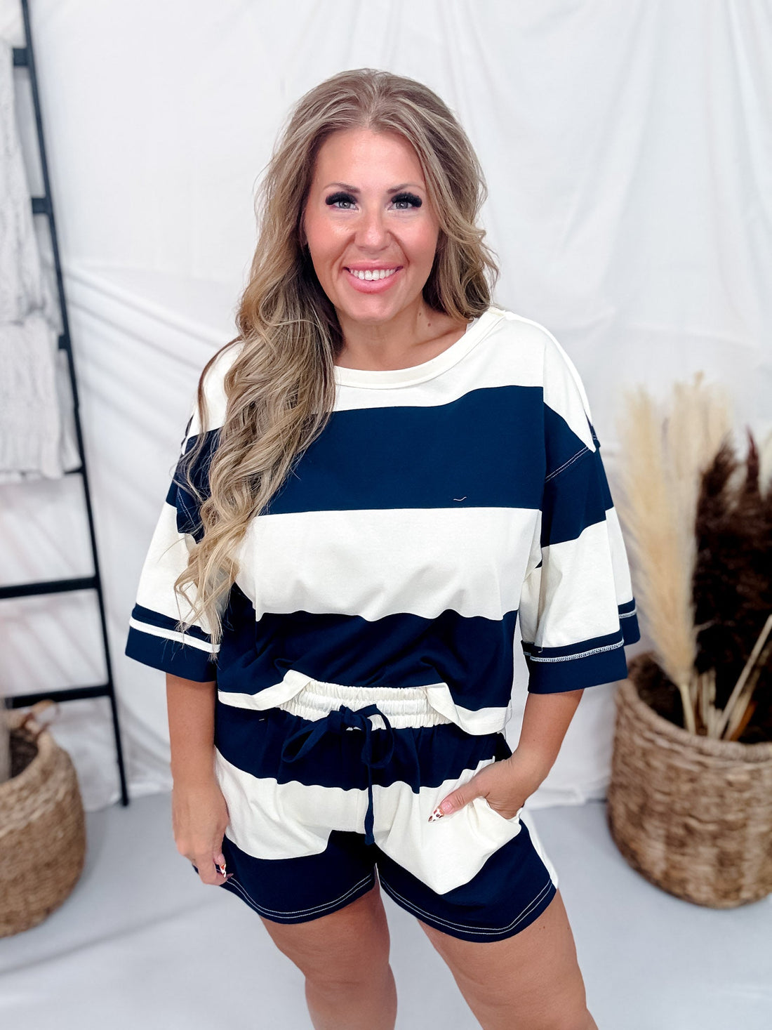 Navy & Ivory Wide Striped Drawstring Waist Shorts - Whiskey Skies - POLAGRAM + BAEVELY