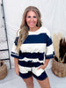 Navy & Ivory Wide Striped Drawstring Waist Shorts - Whiskey Skies - POLAGRAM + BAEVELY